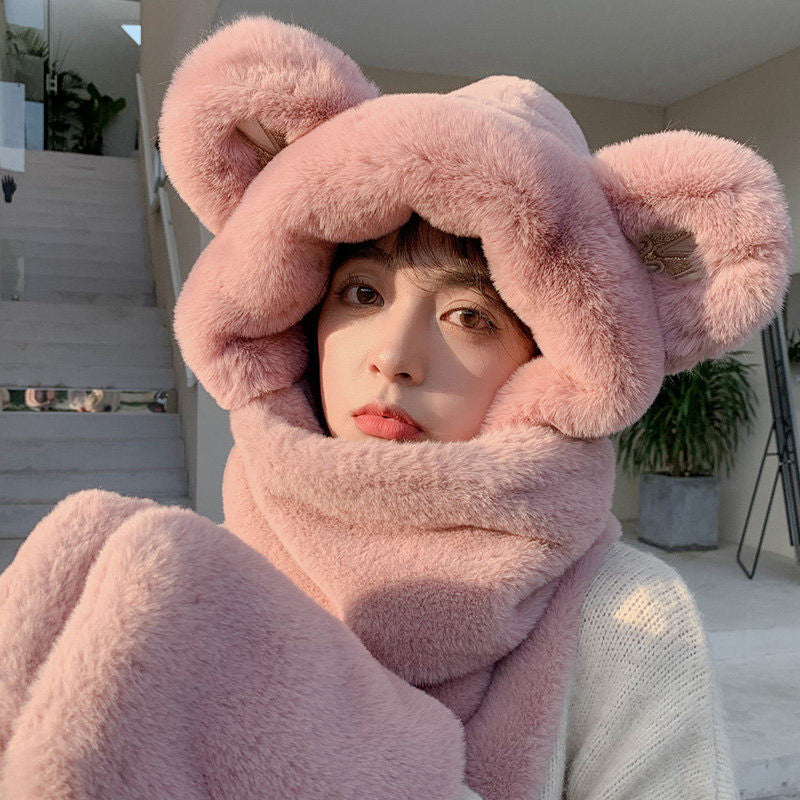 3-in-1 Cure Plush Bear Ear Winter Hat with Scarf & Gloves