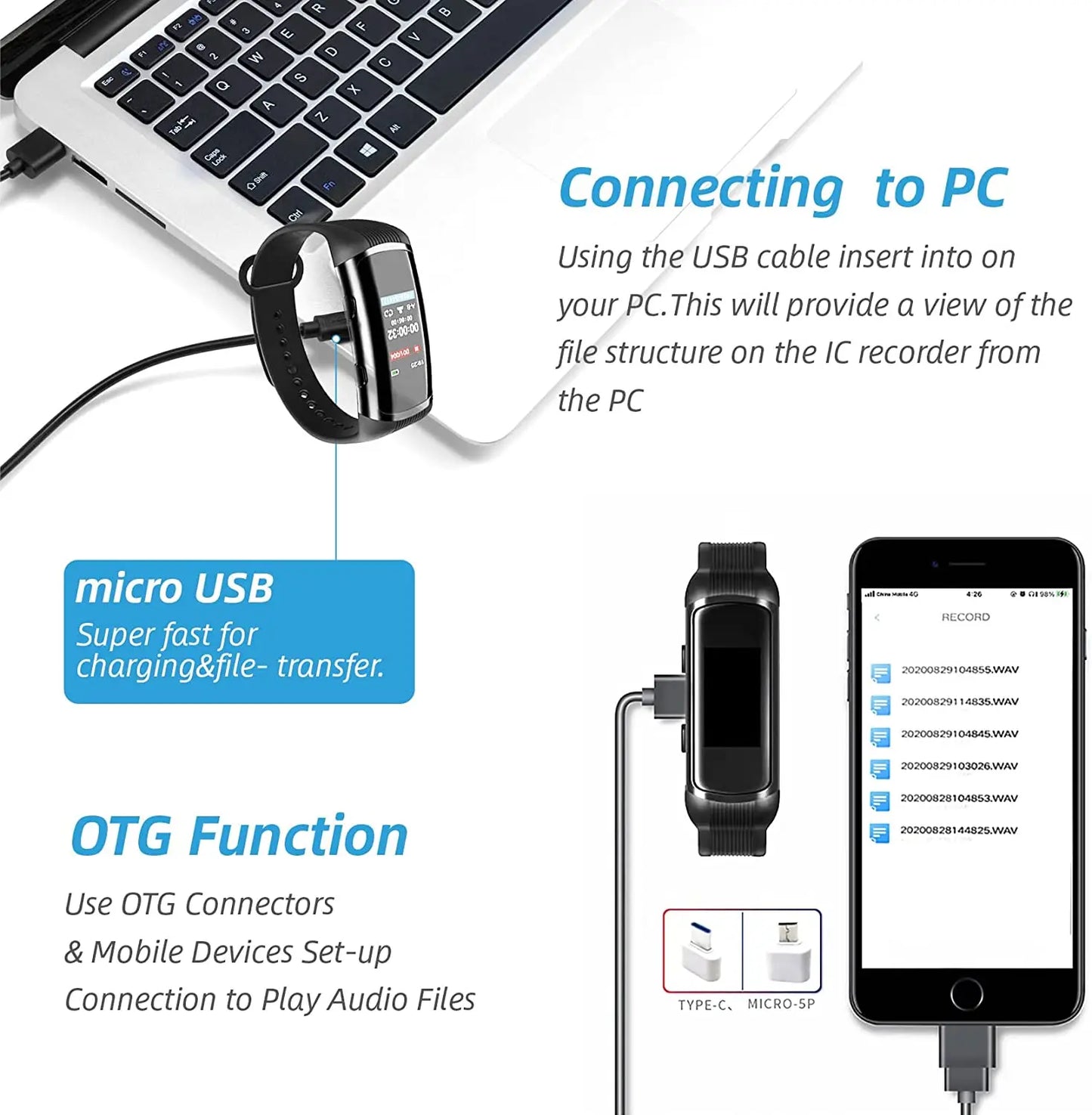 Smart Recorder Wristband OLED Screen Audio Recording MP3 Player