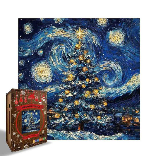 Starry Night Christmas Tree Wooden Jigsaw Puzzle