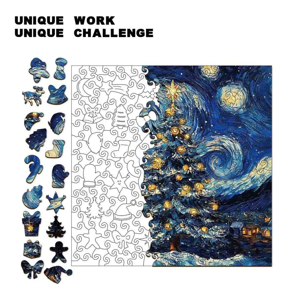 Starry Night Christmas Tree Wooden Jigsaw Puzzle