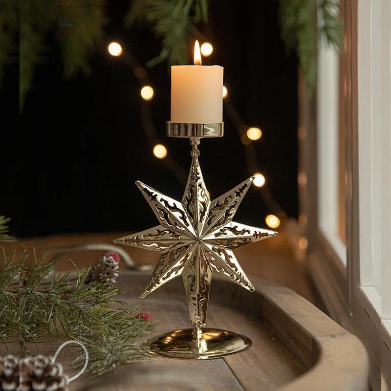 Christmas Iron Golden Candle Holder with Star and Elk Design – Candle Holder for Your Christmas and New Year Table Decor