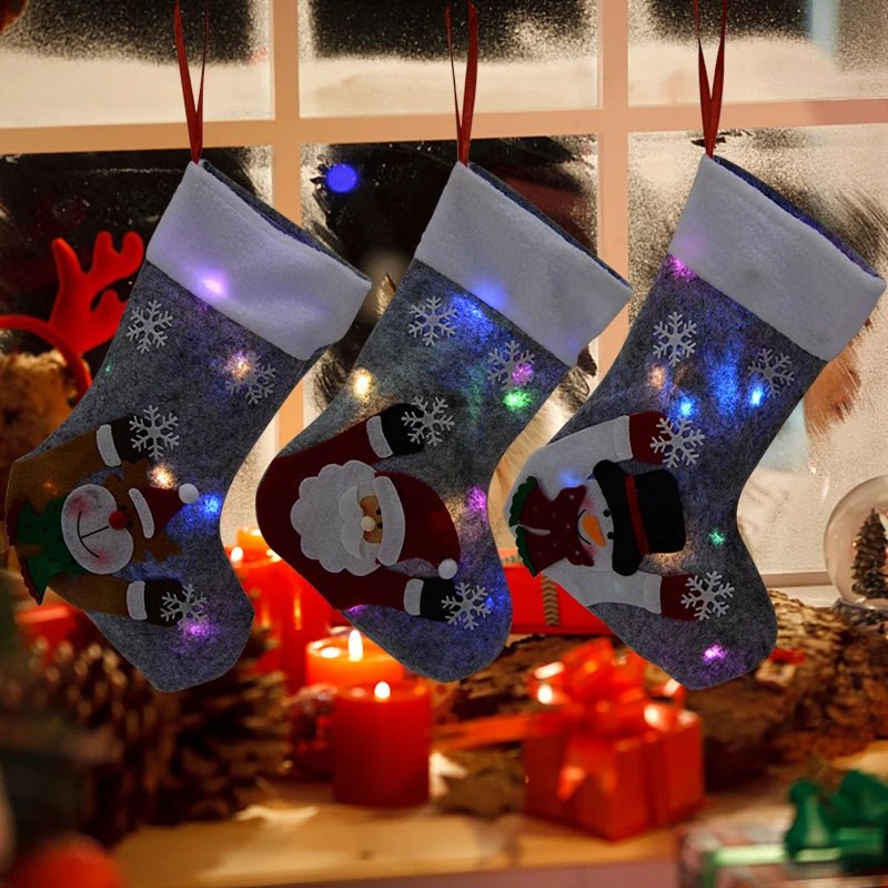 Christmas Stockings with LED Lights- Snowman, Santa, Elk, and Bear Designs Perfect for Adding Festive Cheer to Your Fireplace or Christmas Tree!