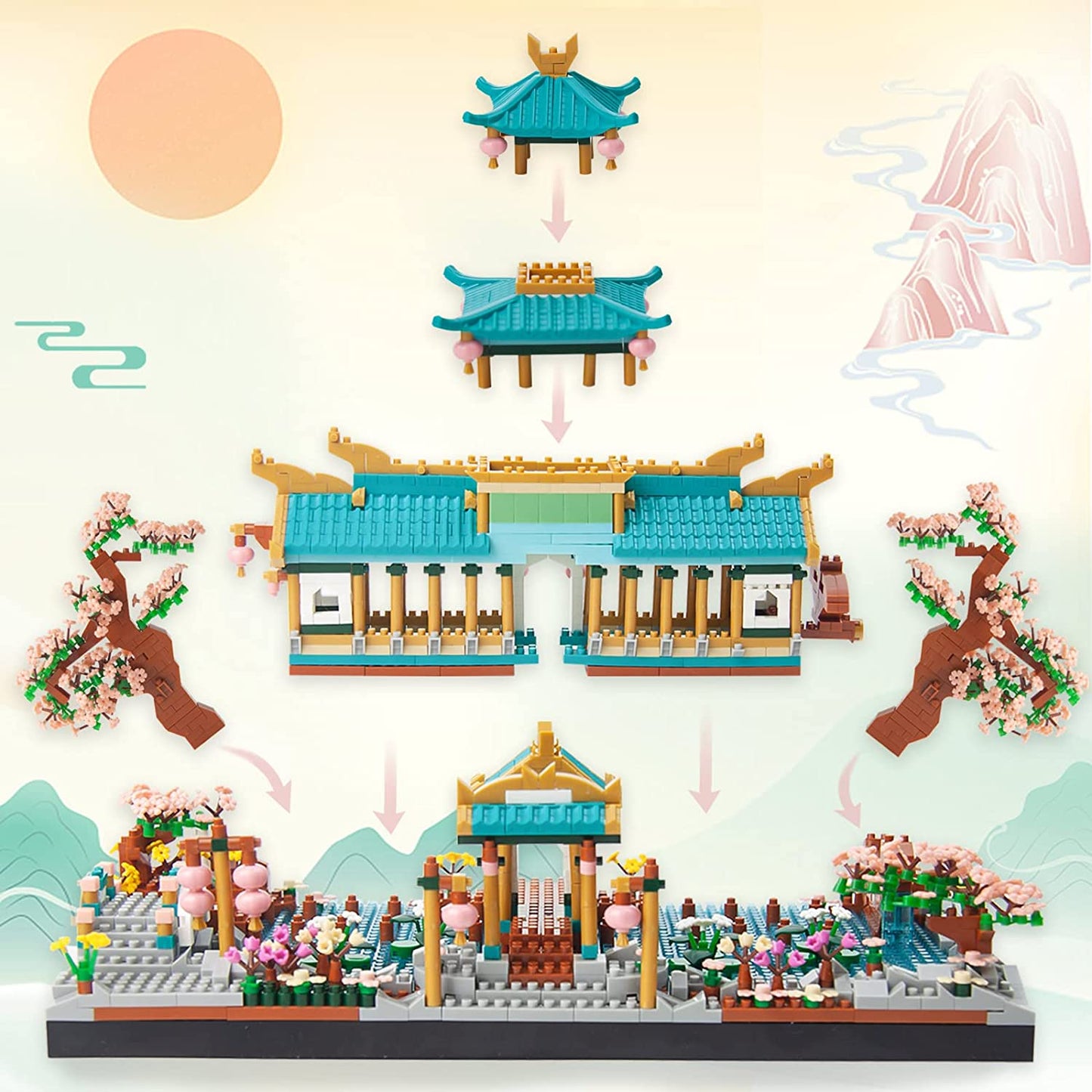 Japanese Sakura Palace Shrine Nano Building Blocks
