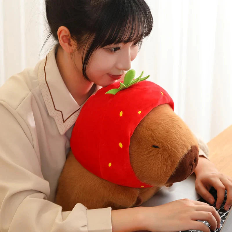 Kawaii Capybara with Strawberry Hat Plushie
