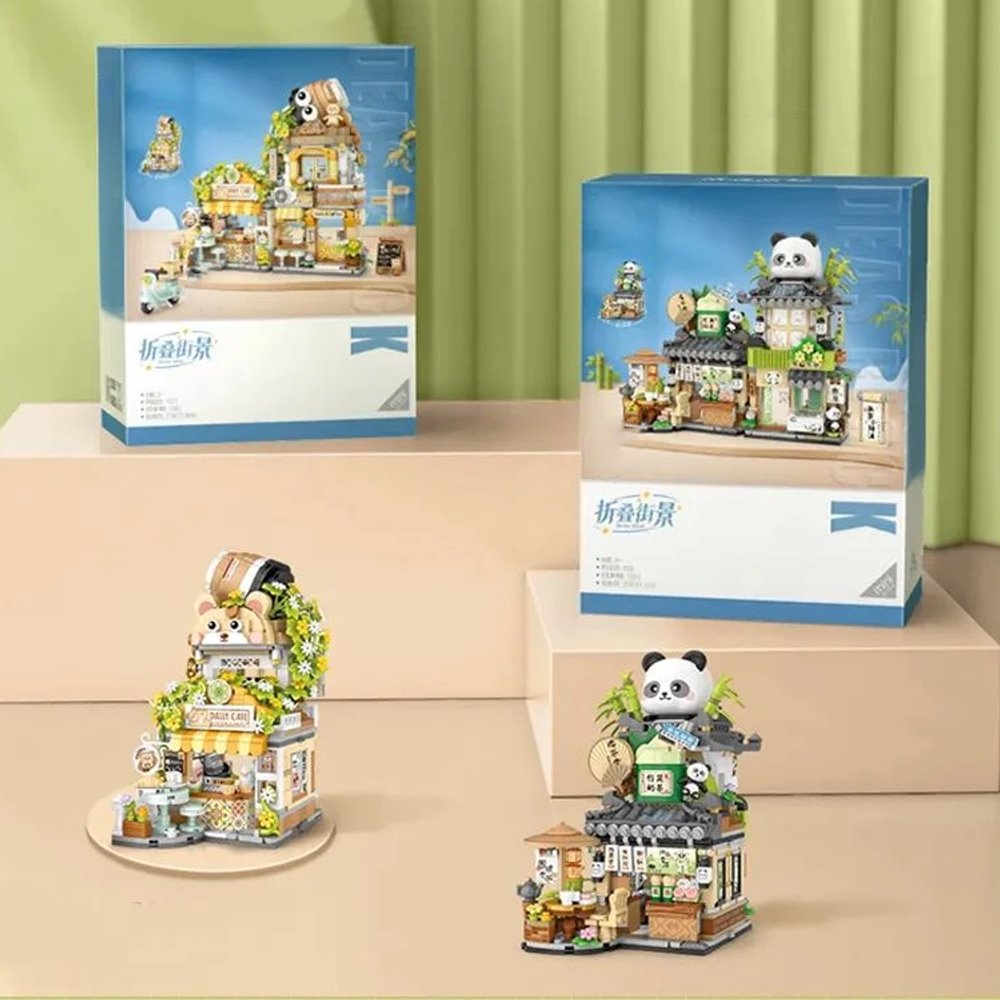 Panda and Brown Bear Tea Cafes Micro Building Set Collection