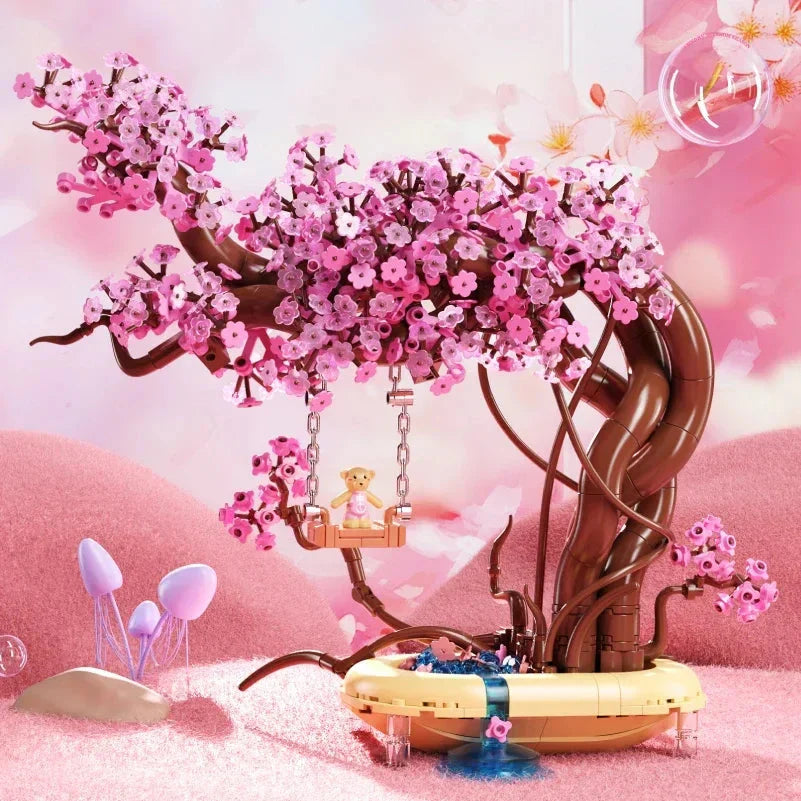 Romantic Sakura Bear Swing Tree Micro Building Blocks
