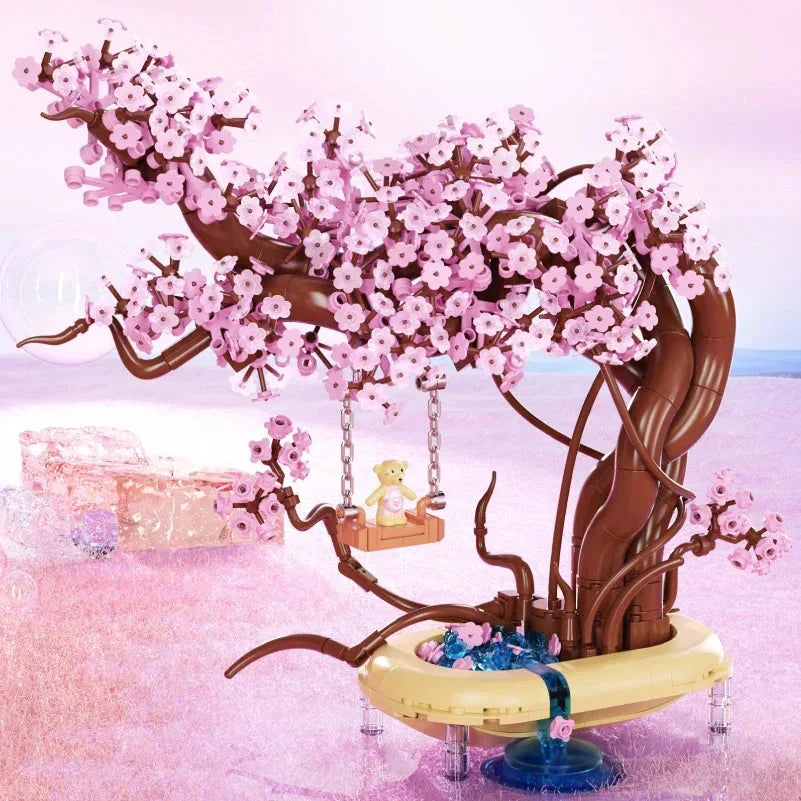 Romantic Sakura Bear Swing Tree Micro Building Blocks