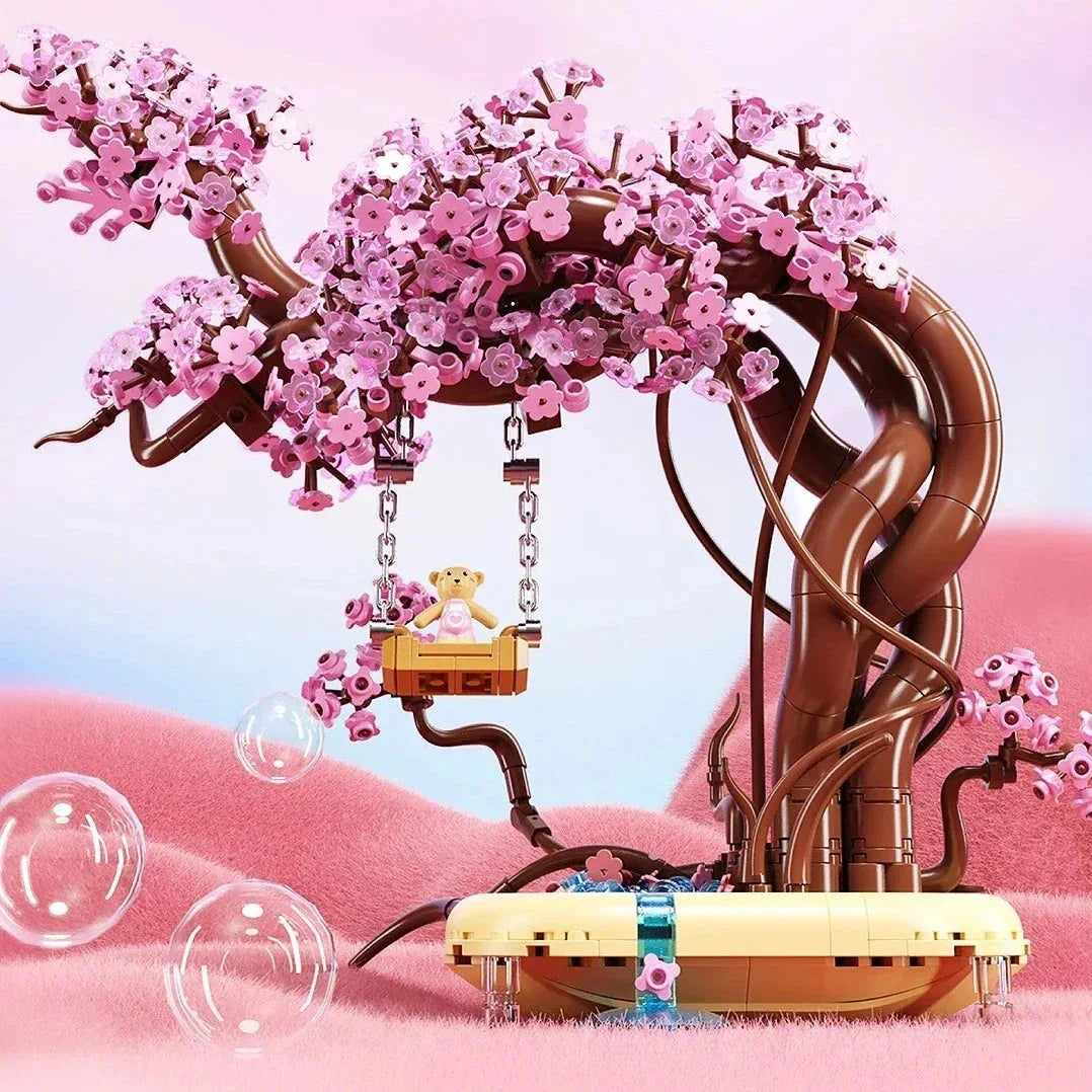 Romantic Sakura Bear Swing Tree Micro Building Blocks