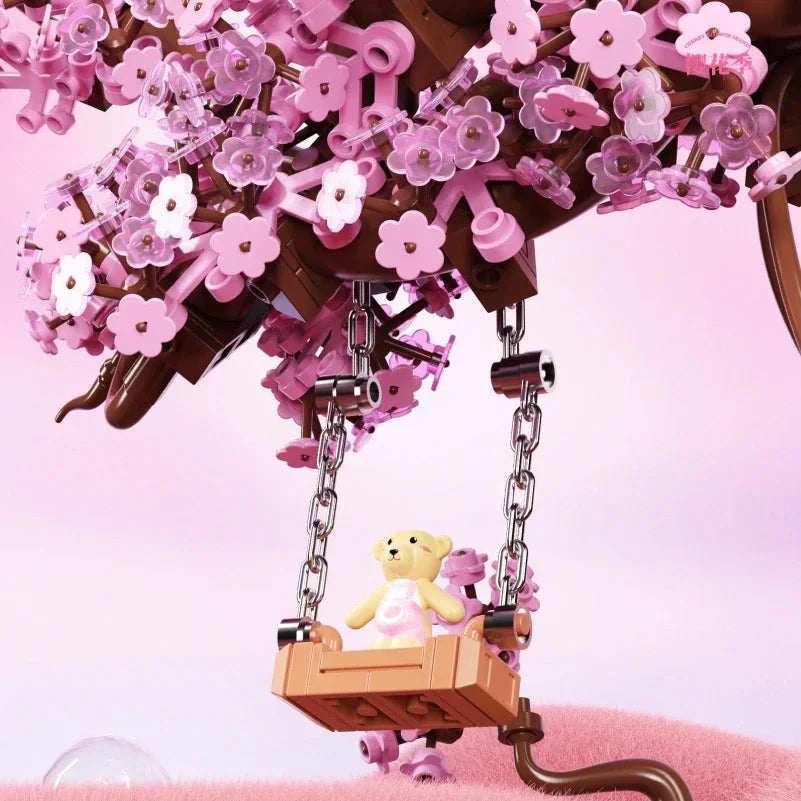 Romantic Sakura Bear Swing Tree Micro Building Blocks