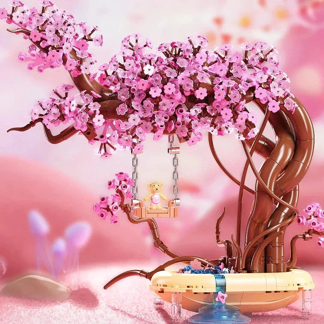 Romantic Sakura Bear Swing Tree Micro Building Blocks