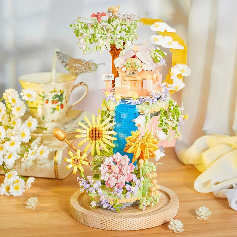 Romantic Waterfall Orchard Villa Micro Building Blocks With Light