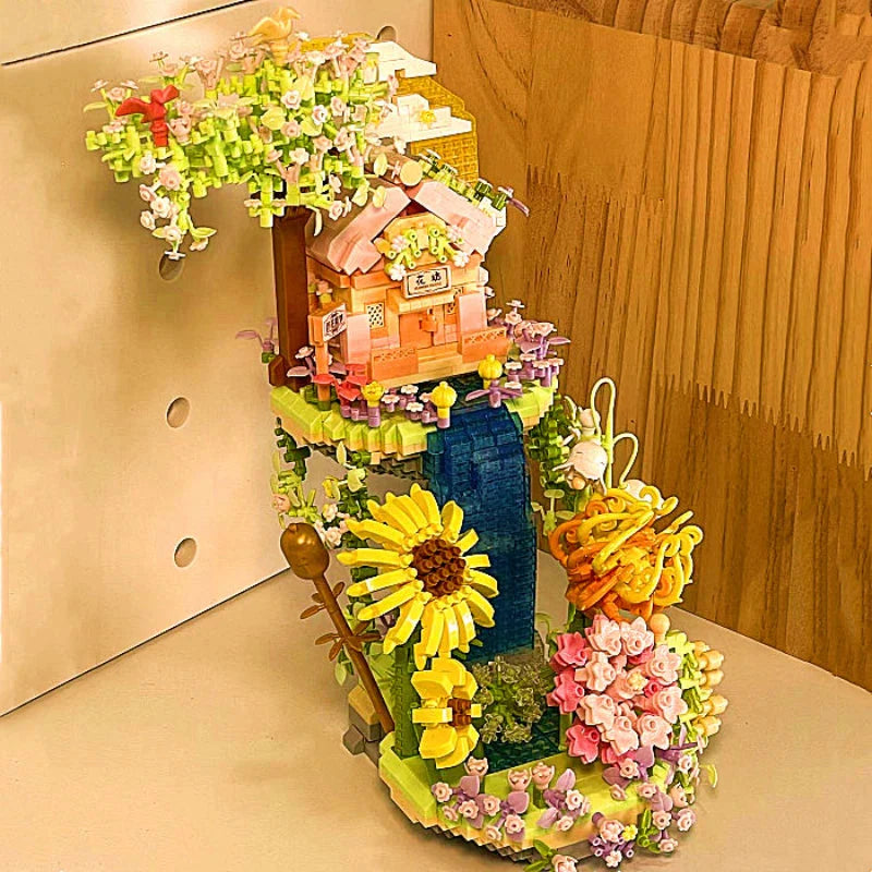 Romantic Waterfall Orchard Villa Micro Building Blocks With Light