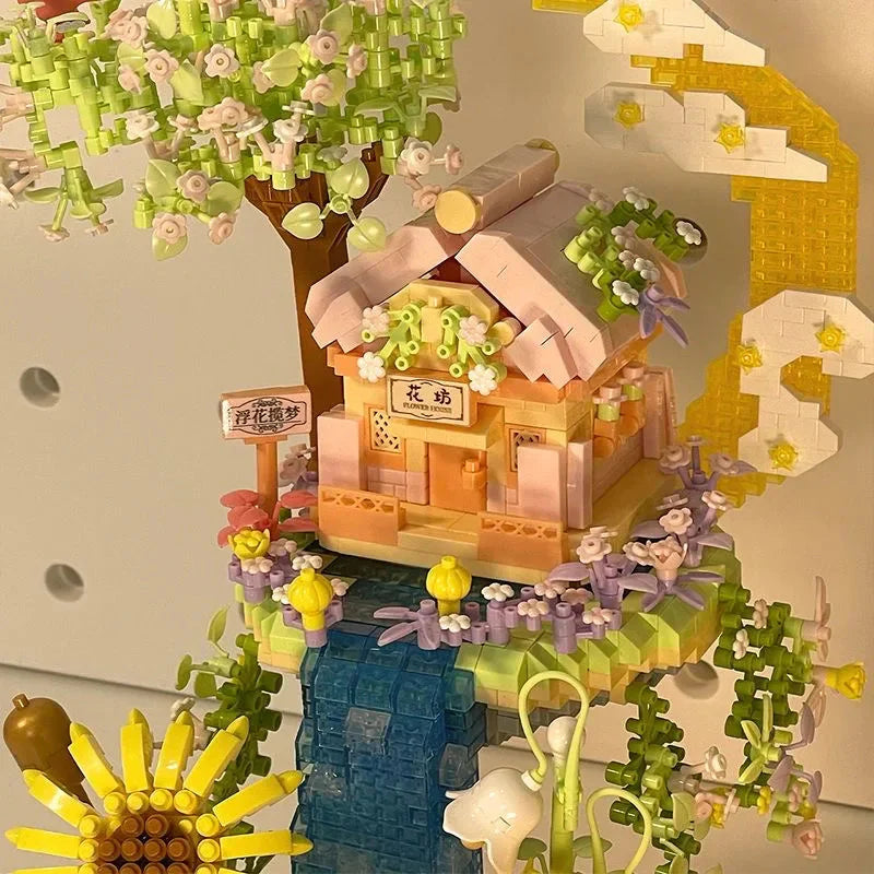 Romantic Waterfall Orchard Villa Micro Building Blocks With Light