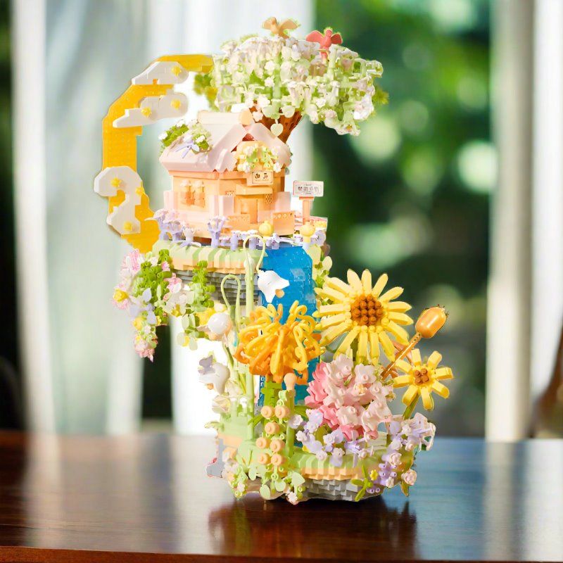 Romantic Waterfall Orchard Villa Micro Building Blocks With Light