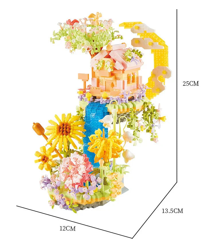 Romantic Waterfall Orchard Villa Micro Building Blocks With Light