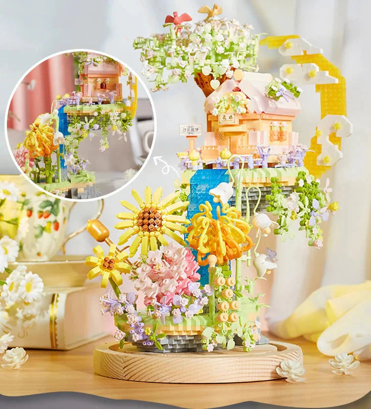 Romantic Waterfall Orchard Villa Micro Building Blocks With Light