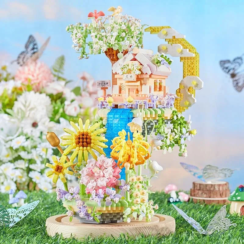 Romantic Waterfall Orchard Villa Micro Building Blocks With Light