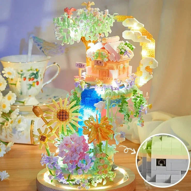 Romantic Waterfall Orchard Villa Micro Building Blocks With Light