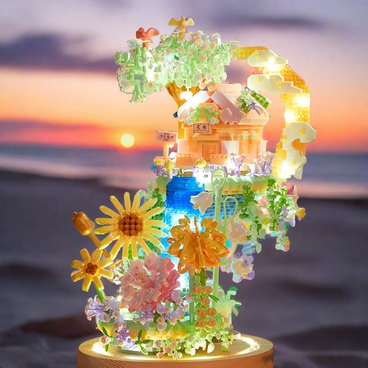 Romantic Waterfall Orchard Villa Micro Building Blocks With Light