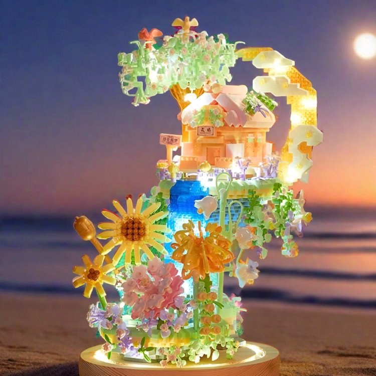 Romantic Waterfall Orchard Villa Micro Building Blocks With Light