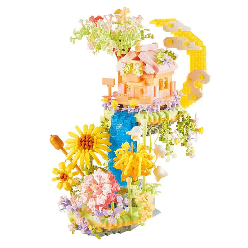 Romantic Waterfall Orchard Villa Micro Building Blocks With Light