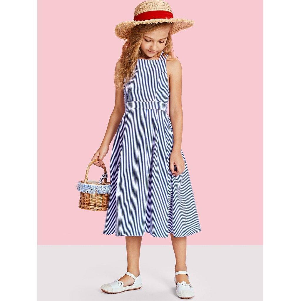 Criss Cross Back Boxed Pleated Stripe Dress