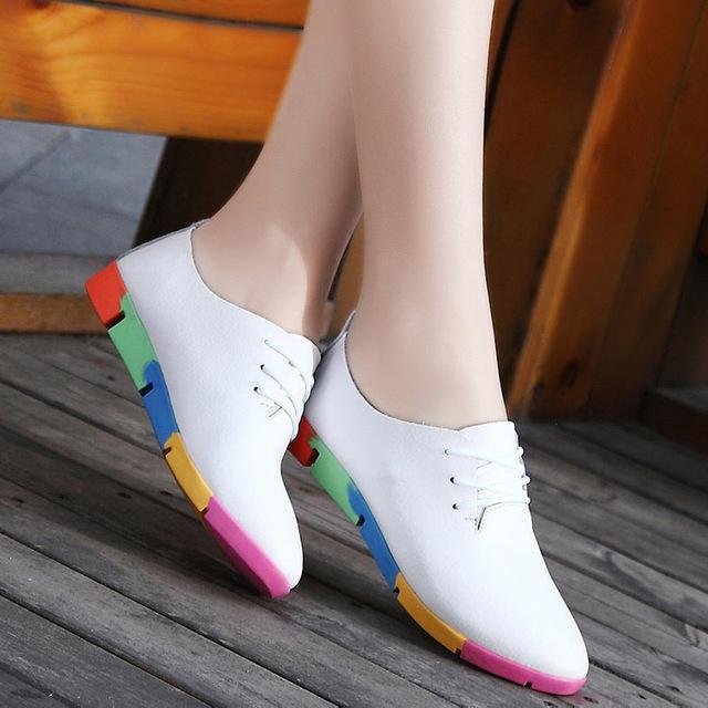 New breathable genuine leather flats shoes woman sneakers