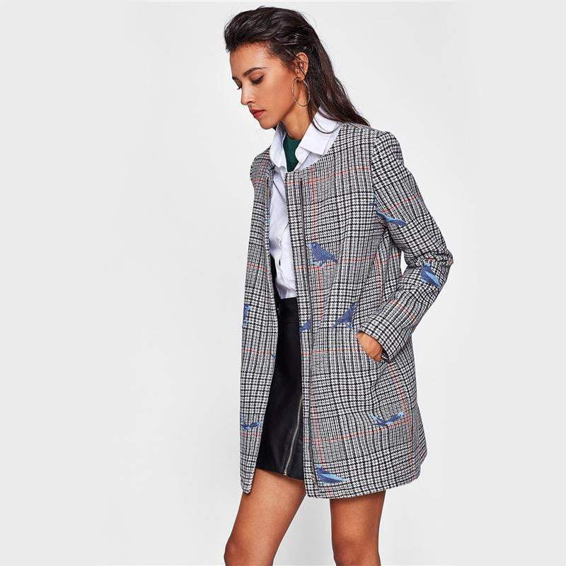 Bird Embroidered Hidden Zip Plaid Coat