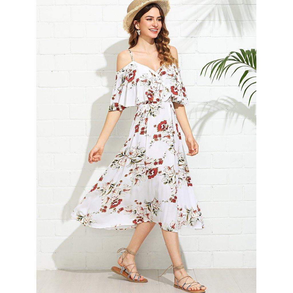 Wrap Front Cold Shoulder Floral Dress