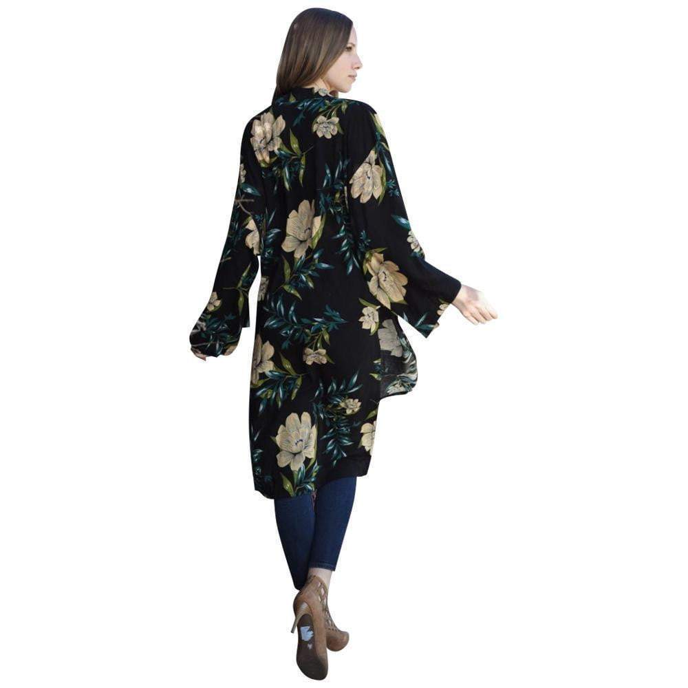 Beautiful Long Black Floral Kimono