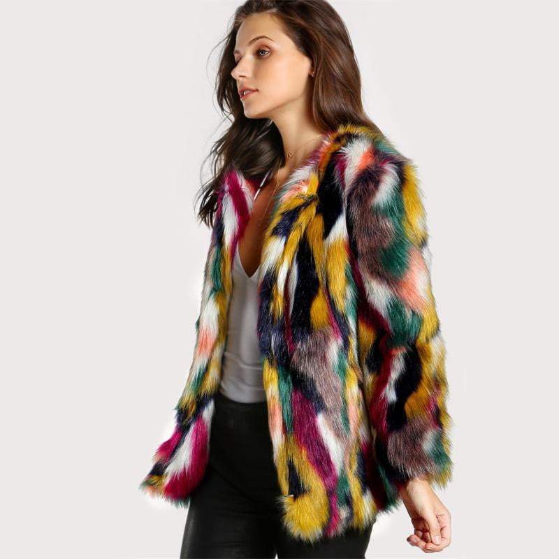 Colorful Collarless Faux Fur Coats