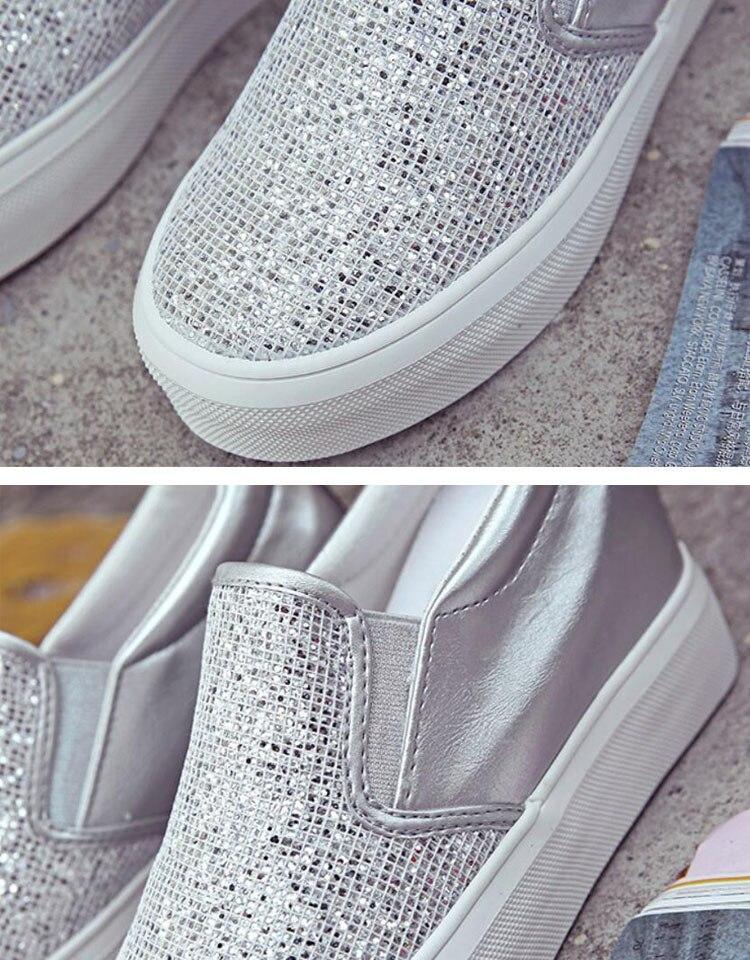 Female Women Mujer Fashion Rhinestone Paillette Adorn Plimsolls Heighten Thicken Soled Casual Moccasins Flat Shoes