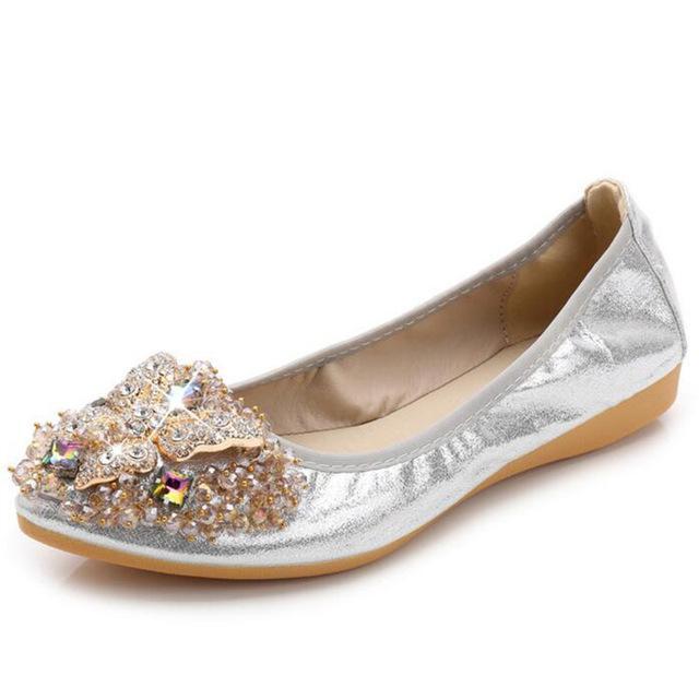 Luxury Rhinestone Ballet Flat Shoes Women Butterfly Pointed Toe Golden Shoes Loafers