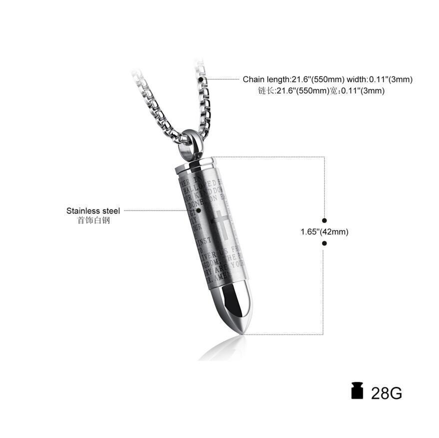 Lords Prayer Bullet Stainless Steel Cross Pendant Necklace Ashes Urn