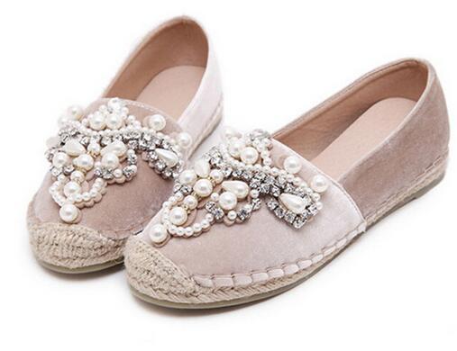 Women Loafer Round Toe espadrilles Pearl Comfortable Hemp Bottom Women Flats Shoes