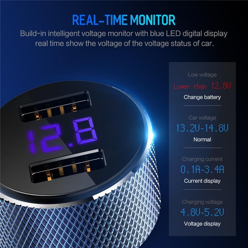 5V 3.4A Metal Dual USB Car Charger Digital Display For iPhone X 8 XS MAX 7 Xiaomi Samsung Fast Charging Voltage Monitoring