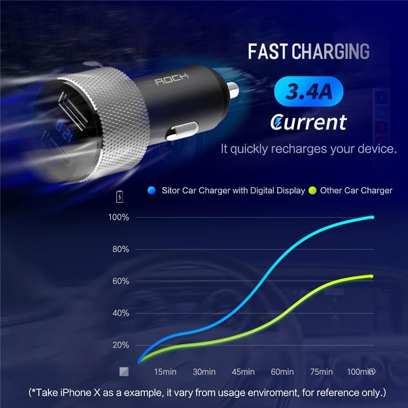5V 3.4A Metal Dual USB Car Charger Digital Display For iPhone X 8 XS MAX 7 Xiaomi Samsung Fast Charging Voltage Monitoring