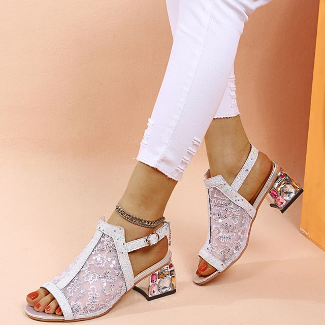 High Heel Woman Sandals Gold Open Toe Sandal Lace Dress Shoes