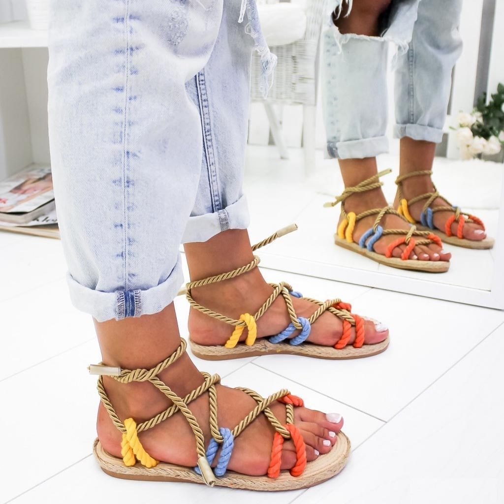 Rome women shoes Slippers Hemp Rope Flat Lace Cross-tied Slippers