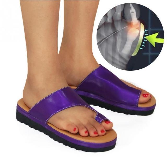 Women PU Leather Shoes Comfy Platform Flat Sole Ladies Casual Soft Big Toe Foot Correction Sandal