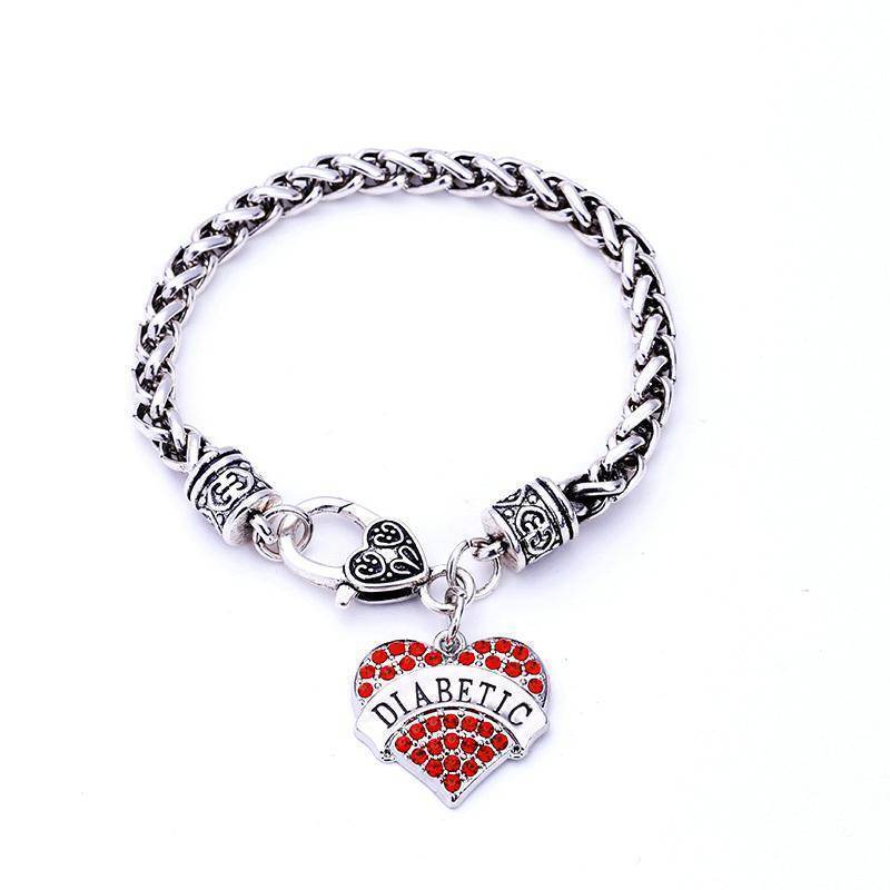 Womens Diabetic Medical Alert ID Bracelet - Pink, Blue, Clear or Red Crystal Hearts - Diabetes