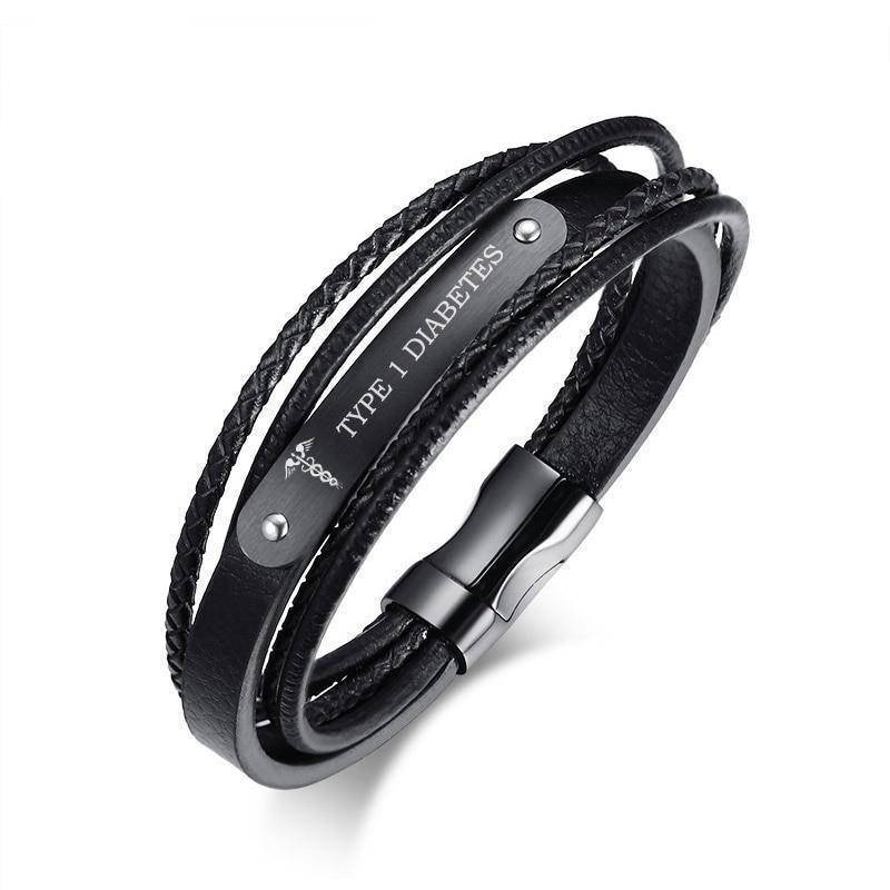 Mens Diabetic Medical Alert ID Bracelet - Black, Genuine Leather, Braided Strands for Type 1 and Type 2 Diabetes
