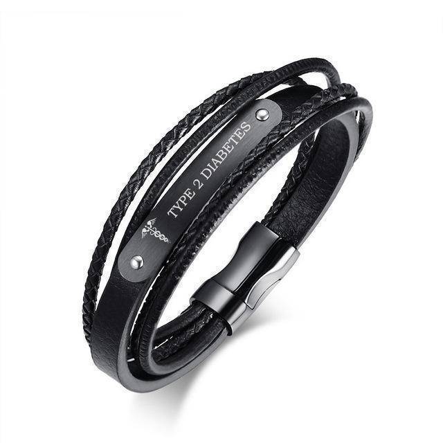Mens Diabetic Medical Alert ID Bracelet - Black, Genuine Leather, Braided Strands for Type 1 and Type 2 Diabetes