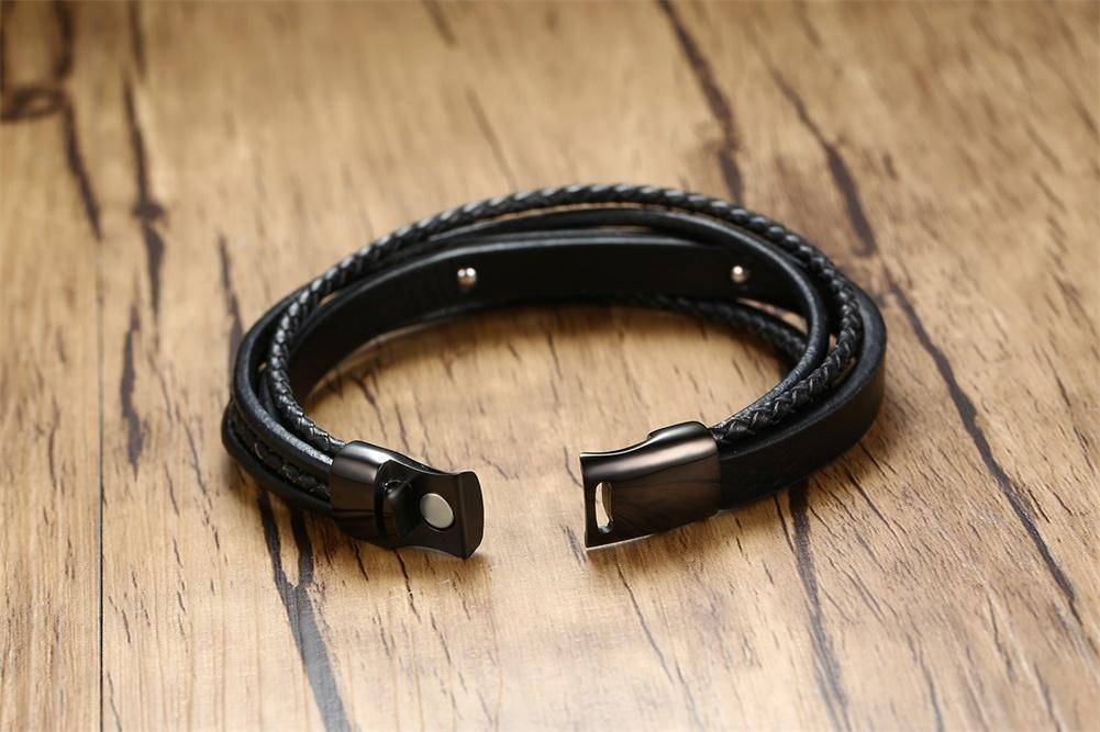 Mens Diabetic Medical Alert ID Bracelet - Black, Genuine Leather, Braided Strands for Type 1 and Type 2 Diabetes