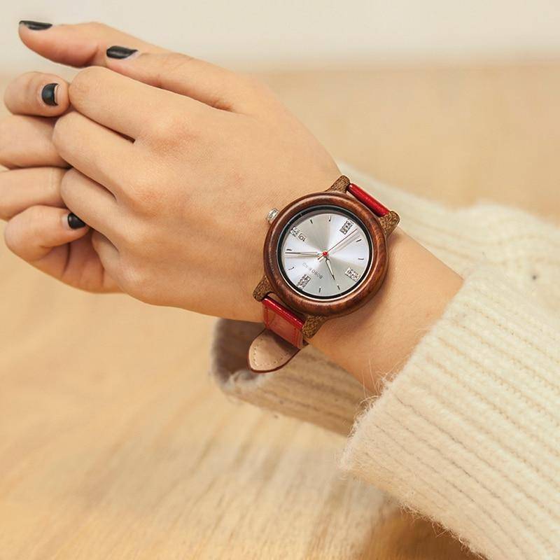 Womens Wooden Watch (Pink or Red) With Date Display