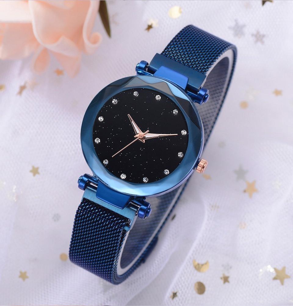 Fashionable Unique Mesh Magnet Buckle Exotic Starry Diamond Designer Luxury Ladies Women Watch