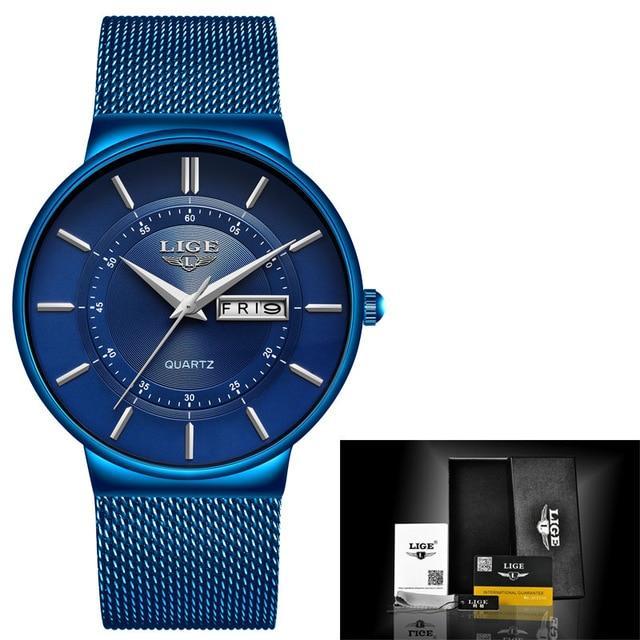 2019 New Blue Quartz Clock LIGE Mens Watches Top Brand Luxury Watch For Men Simple All Steel Waterproof Wrist Watch Reloj Hombre