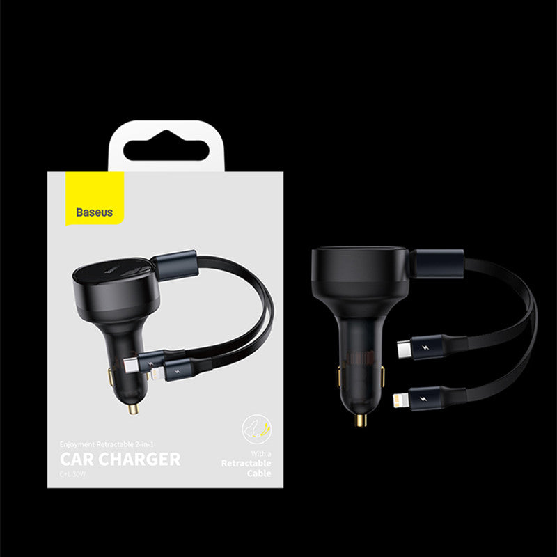 2-in-1 Retractable USB-C & Lightning Car Phone Charger for all Phones & Tablets