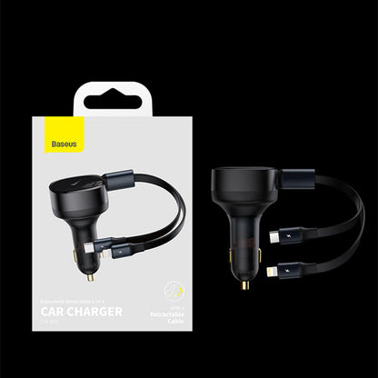 2-in-1 Retractable USB-C & Lightning Car Phone Charger for all Phones & Tablets