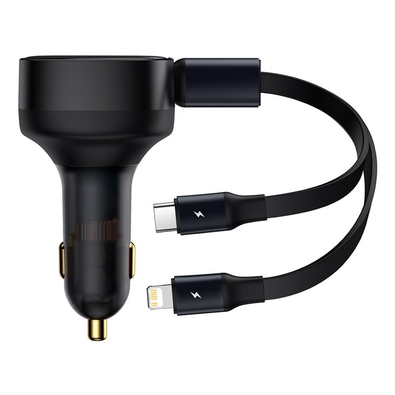 2-in-1 Retractable USB-C & Lightning Car Phone Charger for all Phones & Tablets